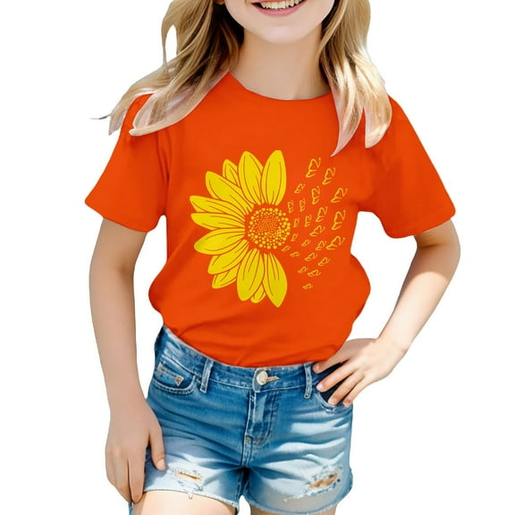 PINQI Girls Summer Sunflower T Shirt Cute Flower Graphic Kids Short Sleeve Tops Crewneck Loose Tee Casual Basic Tshirt