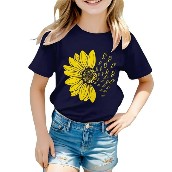 PINQI Girls Summer Sunflower T Shirt Cute Flower Graphic Kids Short Sleeve Tops Crewneck Loose Tee Casual Basic Tshirt