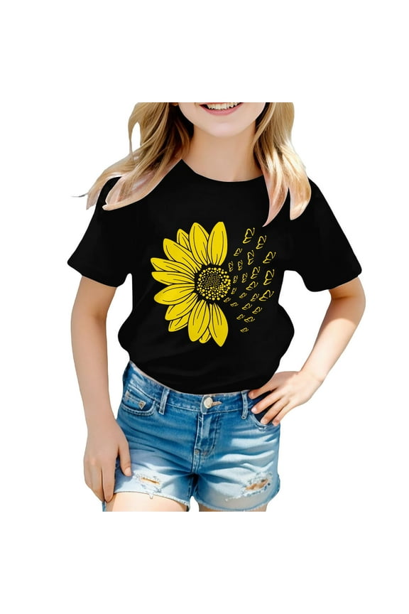 Girls Summer Sunflower T Shirt Cute Flower Graphic Kids Short Sleeve Tops Crewneck Loose Tee Casual Basic Tshirt