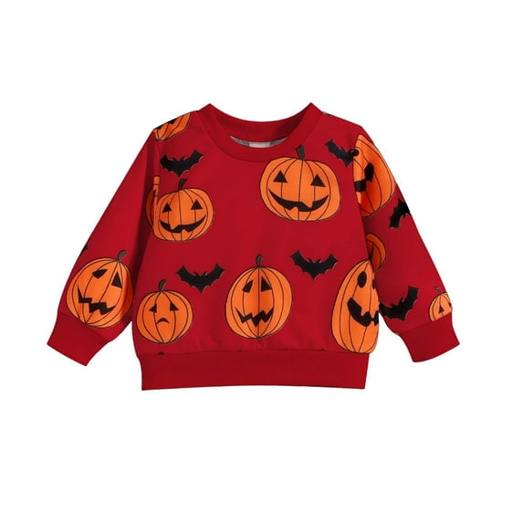 PINQI Halloween Sweatshirt Clothing for Baby Toddler Boys Girls Halloween Long Sleeve Pumpkin Prints Pullover T Shirt Sweatshirt Tops(Red,0-3 Months)
