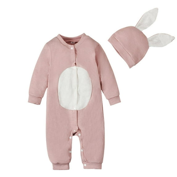PINQI Home Jumpsuit for Baby Girls Romper Long Sleeved Solid Color Cute Bunny Hoodie Outside Bodysuit Romper with Hat Clothes(a-Red,3-6 Months)