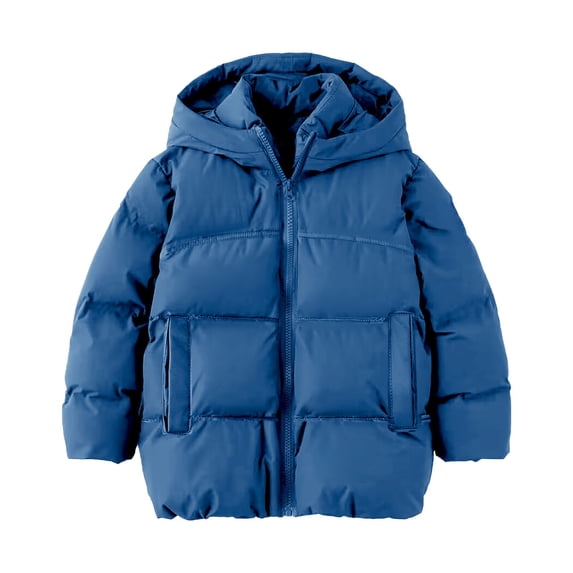 PINQI Kids Boy Girl Puffer Jacket Coat Hood Mid Length Light Weight Winter Warm Padded Classic Solid Winter Long Sleeve Outwear(Blue,4-5 Years)