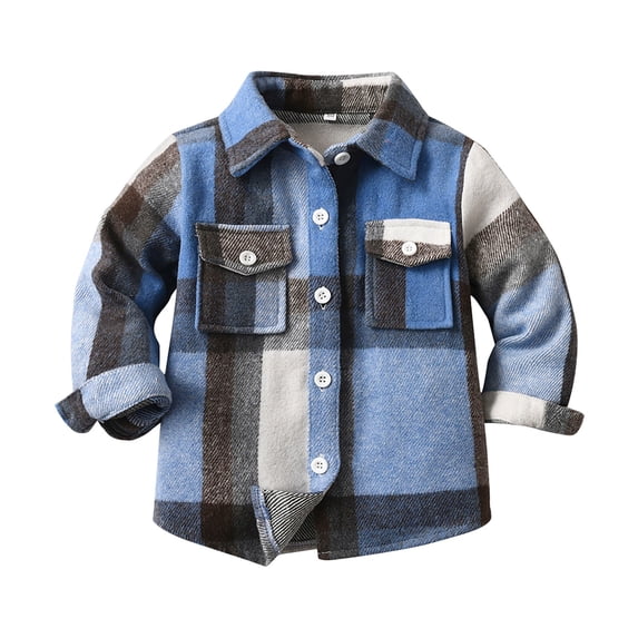 PINQI Kids Boys Flannel Shirts Plaid Hooded Button Down Long Sleeve Shirt Fall Winter Clothes Lightweight Shacket Jacket with Pocket(Blue,3-4 Years)