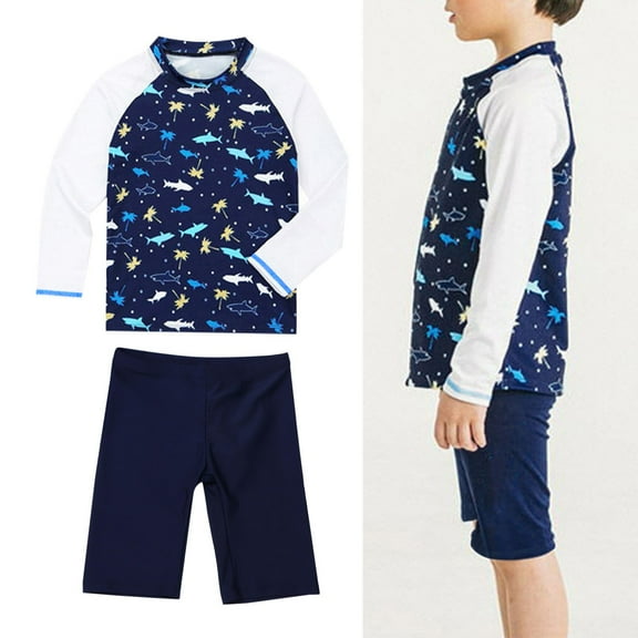 PINQI Kids Breathable Shorts Child Boys Long Sleeve Rash Guard Trunks Two Pieces Fish Swimsuit Cartoon Pattern Suit Swimsuit Hot Spring Swimsuit Long Sleeved Swimsuit