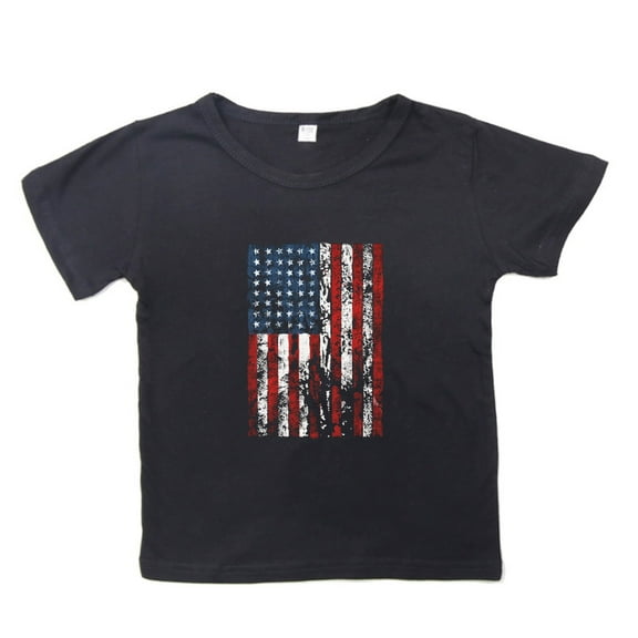 PINQI Kids Casual Loose Pullover Tops American Flag Print Short Sleeved T Shirt for Boys and Girls Summer Fashion Clothes 2-14 Years(Black,6-7 Years)
