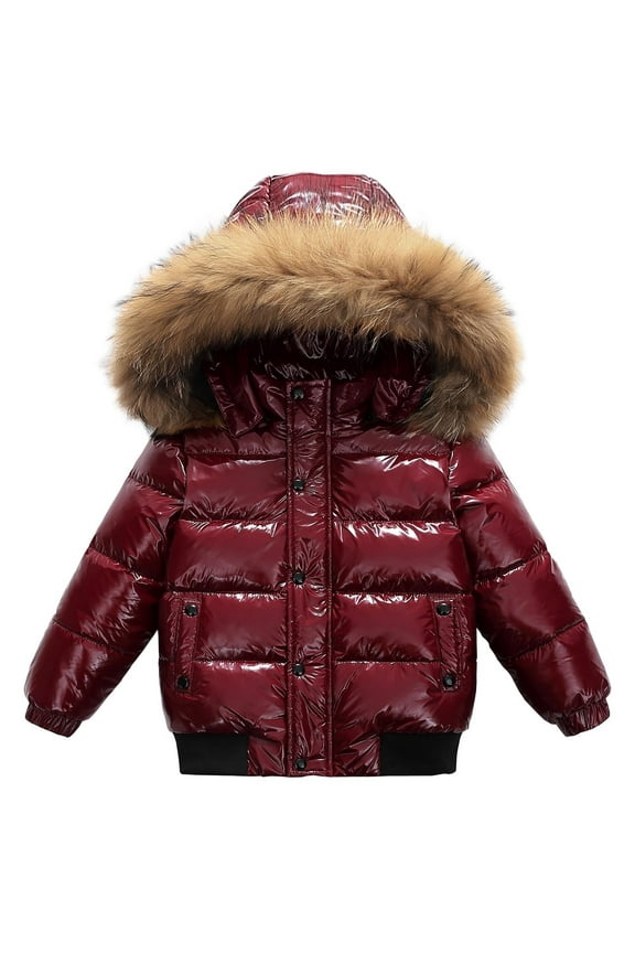Kids Fuzzy Hooded down Jackets Snap Buttons Zipper Puffer Coats Boys Girls Winter Windproof Warm Outwear with Pockets