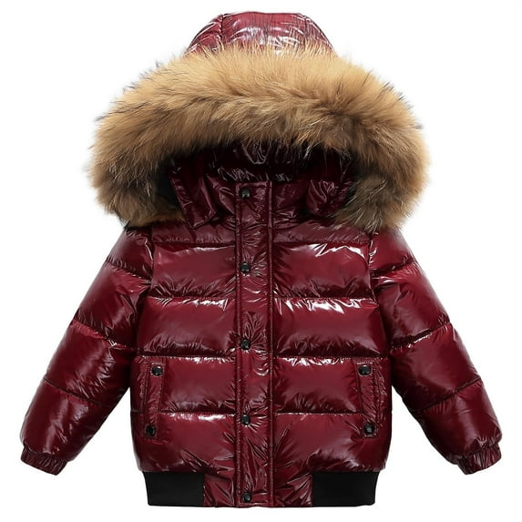 PINQI Kids Fuzzy Hooded down Jackets Snap Buttons Zipper Puffer Coats Boys Girls Winter Windproof Warm Outwear with Pockets