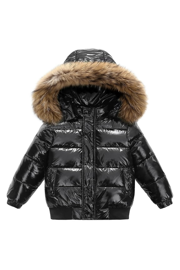 Kids Fuzzy Hooded down Jackets Snap Buttons Zipper Puffer Coats Boys Girls Winter Windproof Warm Outwear with Pockets