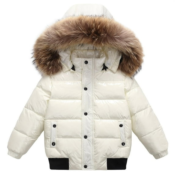 PINQI Kids Fuzzy Hooded down Jackets Snap Buttons Zipper Puffer Coats Boys Girls Winter Windproof Warm Outwear with Pockets