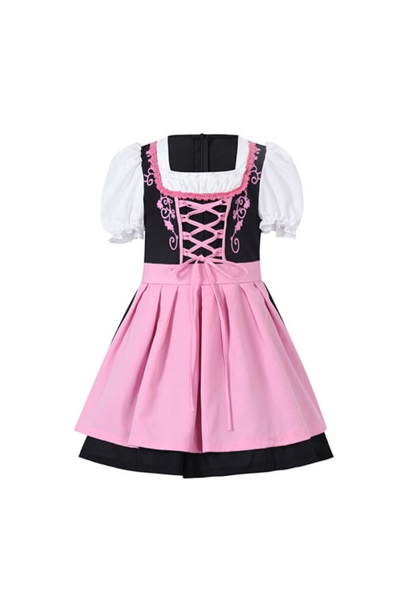 Kids Girl's German Traditional Oktoberfest Oktoberfest Skirt Dress Short Sleeve Square Neck Ruffle Festive Dresses with Apron(A-Pink,4-6 Years)