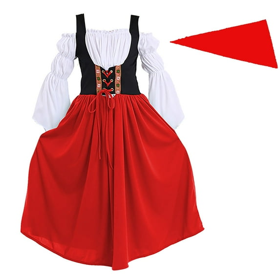 PINQI Kids Girl's German Traditional Oktoberfest Oktoberfest Skirt Dress Short Sleeve Square Neck Ruffle Festive Dresses with Apron(C-Red,8-10 Years)