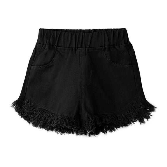 PINQI Kids Girls Big Kids Summer Solid Color Denim Outdoor Shorts Hot Pants Elastic Waist Ripped Casual Denim Shorts(A-Black,3-4 Years)