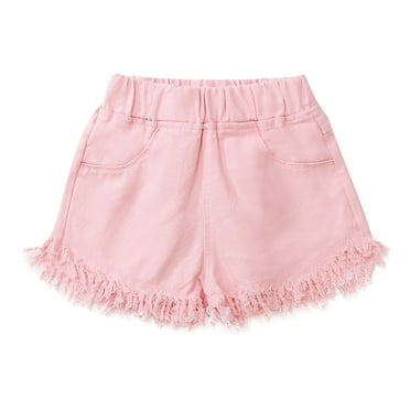 PINQI Kids Girls Big Kids Summer Solid Color Denim Outdoor Shorts Hot Pants Elastic Waist Ripped Casual Denim Shorts(A-Pink,7-8 Years)
