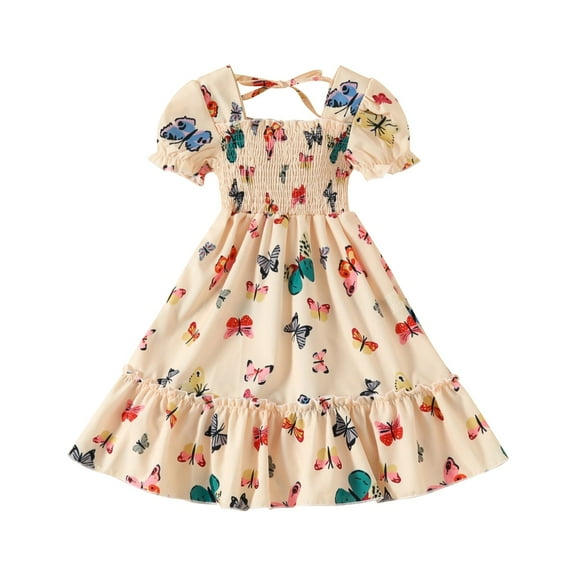 PINQI Kids Girls Summer Short Sleeve Bubble Sleeve Butterfly Print Dress Casual Smocked Square Neck Long Dresses Midi Summer Dress(1-Beige,4-5 Years)