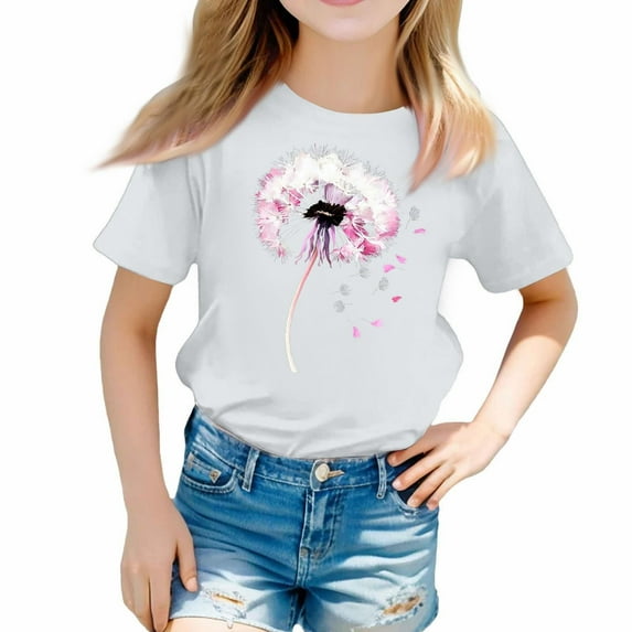 PINQI Kids Graphic Tees Cute Cat Sunflower T Shirts Girls Summer Short Sleeve Tops Cotton Crewneck Athletic Basic Tee
