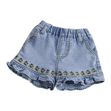 PINQI Kids Lightweight Short Pants Little Girls Embroidered Elastic Waist Denim Shorts Girl's Pants Girl's Shorts Embroidered Small Flower Denim Shorts