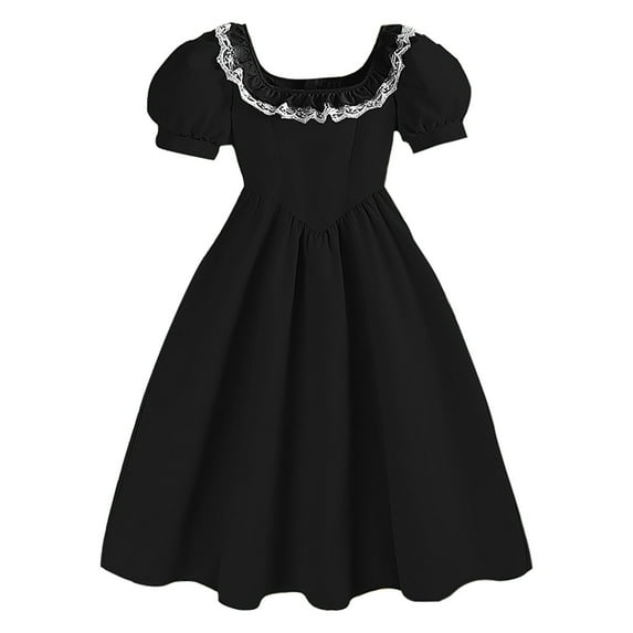 PINQI Kids Party Birthday A Line Dress Girls Square Neck Dress Summer Solid Color Fly Sleeves Back Bow Tie Dress A-Line Mini Dress(Black-2,9 Years)