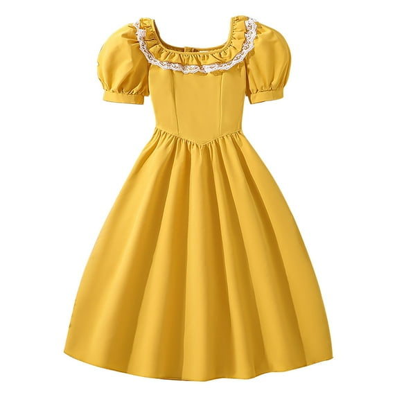 PINQI Kids Party Birthday A Line Dress Girls Square Neck Dress Summer Solid Color Fly Sleeves Back Bow Tie Dress A-Line Mini Dress(Yellow-2,10 Years)