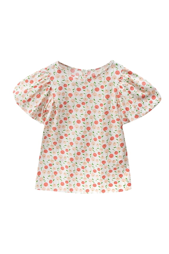 Kids Soft Blouse Children Crewneck Short Sleeve Clothes Toddler Baby Girls Short Bubble Sleeve Floral T Shirt Blouse Tops Summer