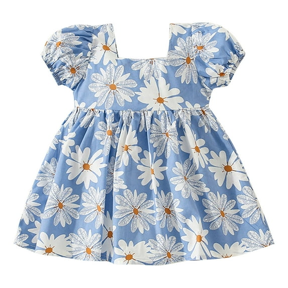 PINQI Little Girl Birthday Sun-dress Toddler Girls Short Sleeve Bowknot Floral Prints Ruffles Princess Dress Dance Summer Dresses Clothes(a-Blue,18-24 Months)