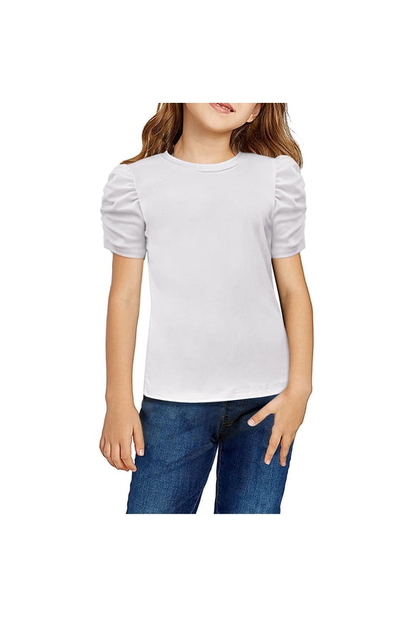 Little Girls Puff Short Sleeve Shirts Summer Ribbed Knit Crewneck T Shirt Tops Tee Girls Ruffle Sleeve Shirts Summer Cute Blouse for Spring Summer(White-a,4-5 Years)