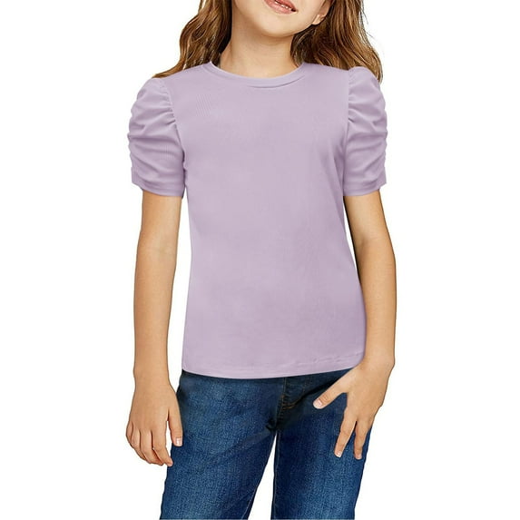 PINQI Little Girls Puff Short Sleeve Shirts Summer Ribbed Knit Crewneck T Shirt Tops Tee Girls Ruffle Sleeve Shirts Summer Cute Blouse for Spring Summer(Purple-a,4-5 Years)