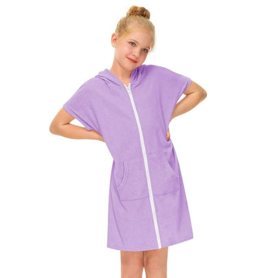 PINQI Little Girls Swim Cover Up Kids Short Sleeve Casual Swimsuit Fashion Zipper Up Beach Bathing Suit Hooded Bathrobe Absorbent Beach Dress(Purple-D,6-7 Years)
