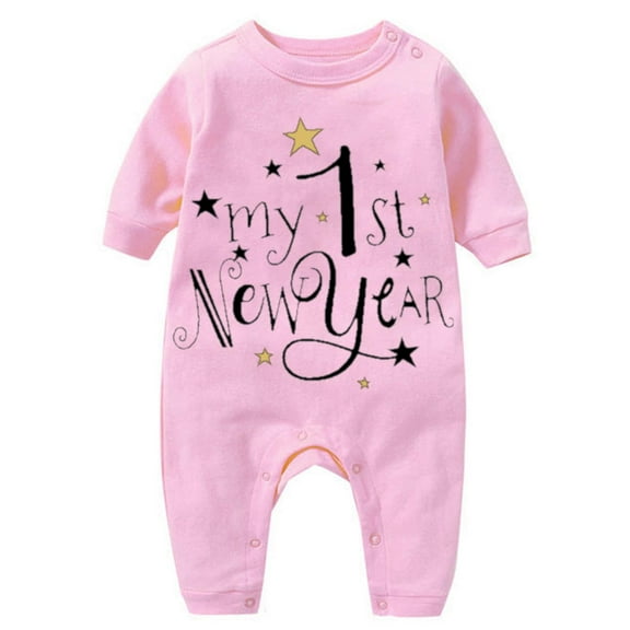 PINQI My First New Year Bodysuit Baby Boys Girls New Year Outfits Letter Print Pull on Romper Long Sleeve Jumpsuit Headband Outfits Set(Pink-A,0-3 Months)
