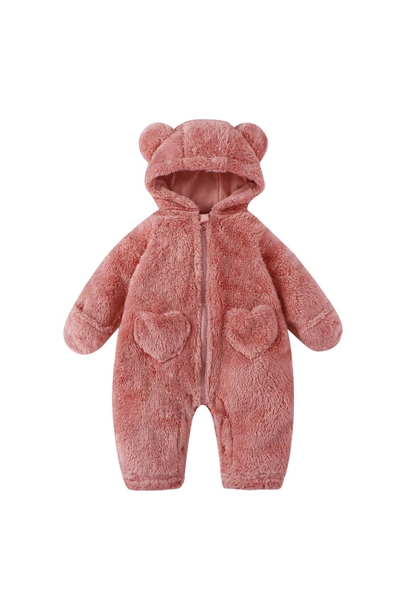 New Born Baby Boys Fleece Jumpsuits Front Zipper Hooded Fuzzy Padded Romper Outfits Toddler Plush Warm Bodysuits