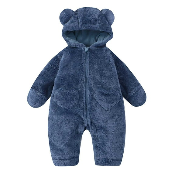 PINQI New Born Baby Boys Fleece Jumpsuits Front Zipper Hooded Fuzzy Padded Romper Outfits Toddler Plush Warm Bodysuits
