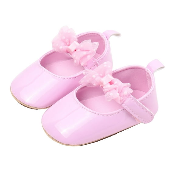 PINQI New Born Baby Girl Leather Dress Shoes Toddler Prewalker Mary Jane with Bowknot Lightweight Anti-Slip Princess Flats