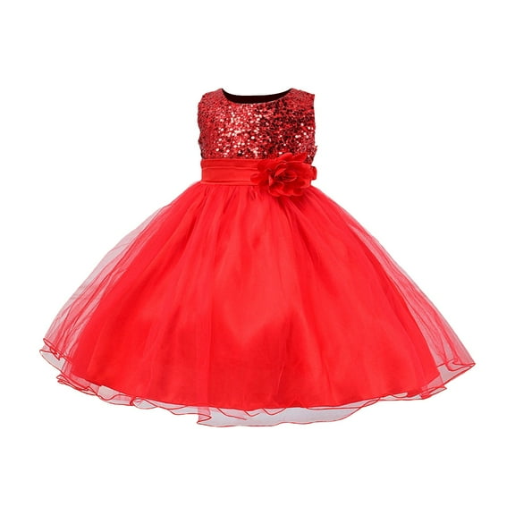 PINQI Pageant Little Girls Dress Toddler Girl Sequin Sleeveless Tulle Princess Dress Flower Belt Christmas Sundress for 3 To 10 Years