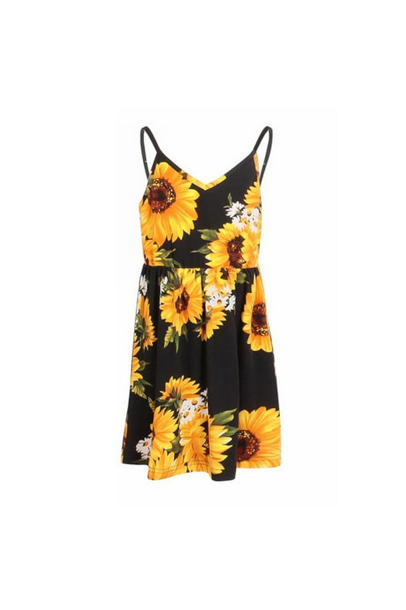 Party Dress for Toddler Girls Leisure Holiday Waist Loose Printed Mid Length Dress Kids Frocks Sunflower Print Camisole Dress 2 To 9 Years