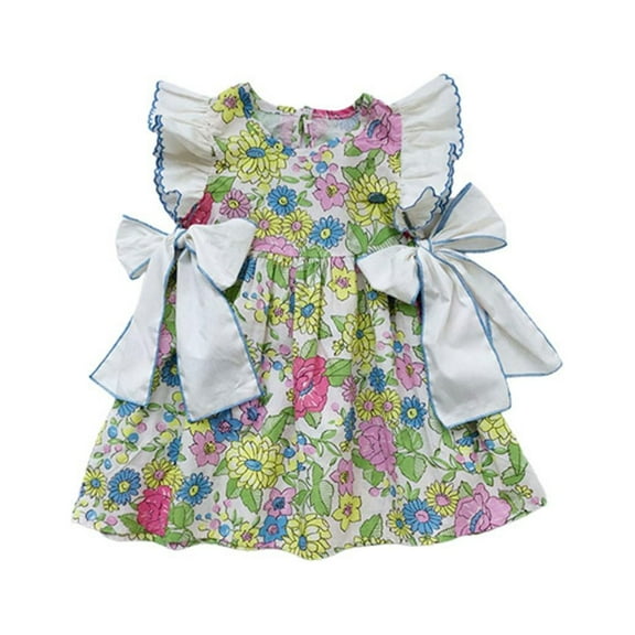PINQI Party Dresses for Little Girls Knee-Length Dresses Kids Baby Girls Summer Casual Sleeveless Floral Pattern Dress Party Princess Dress