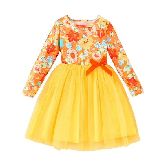 PINQI Party Toddler Girls Dress 𝐇𝐚𝐥𝐥𝐨𝐰𝐞𝐞𝐧 Party Dresses Little Girl Pumpkin Flower Print Long Sleeve Double Mesh Dress for 3 To 7 Years