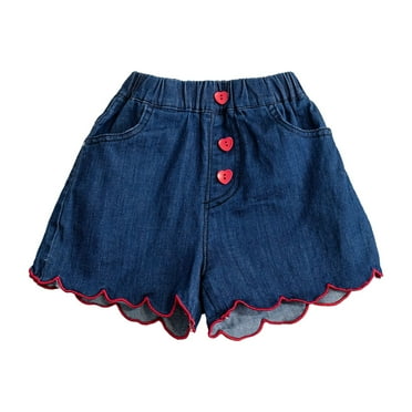 PINQI Sports Short Pants for Kids Toddler Girl Summer Navy Blue Color Red Embroidered Lace Denim Shorts Love Button with Pockets