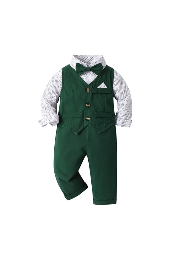 Spring Fall Summer Toddler Outfits Set Baby Boys Gentleman Suit Kids Formal Clothes Bowtie Long Sleeve Pocket Shirt and Tuxedo Vest and Pants Set(2-Green,6-9 Months