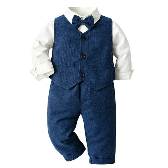 PINQI Spring Fall Summer Toddler Outfits Set Baby Boys Gentleman Suit Kids Formal Clothes Bowtie Long Sleeve Pocket Shirt and Tuxedo Vest and Pants Set(3-Blue,4-5 Years
