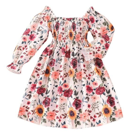 PINQI Swing Dress for Little Girls Toddler Girls Long Sleeve Floral Prints Princess Dress Dance Party Dresses for 2 to 7 Years
