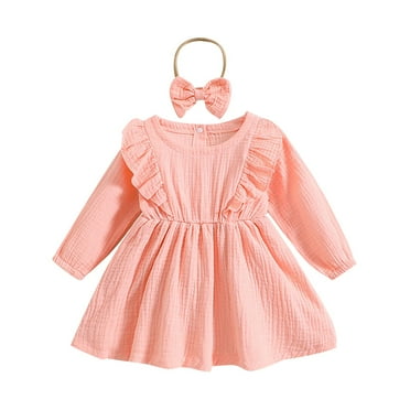 PINQI Swing Dress for Toddler Girls Baby Kids Girls Solid Color Long Sleeve Ruffle Dress Dress with Hairband Sets for 6M to 4 Years
