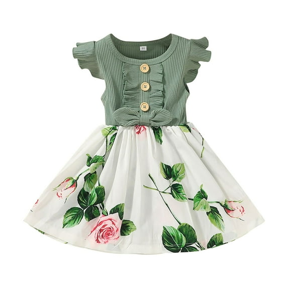 PINQI Swing Dress for Toddler Girls Children's Summer Stitching Print Fashion Bow Tied Sleeveless Button Dress for 1 to 6 Years