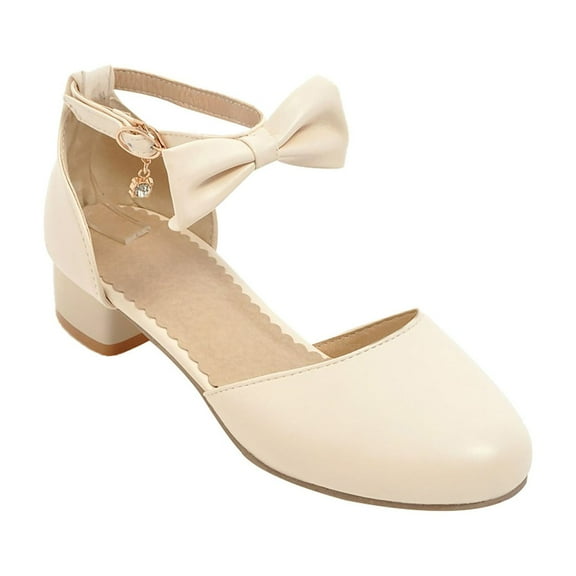PINQI Teen Girls Ankle Strap Dress Pumps Princess Dress Shoes for Big Girls Closed Toe Chunky Heel Pumps Leather Sandals