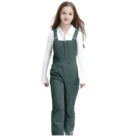 PINQI Teen Girls Bib Snow Pants Winter Waterproof Insulated Snowpants Kids Front Zipper Outdoor Ski Overall with Pockets