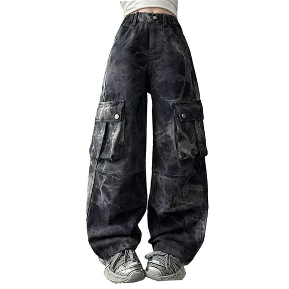 PINQI Teen Girls Cargo Jeans Oversized Pockets Baggy Wide Leg Streetwear Denim Pants Kids Elastic Waist Y2k Denim Trousers