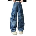 thumbnail image 1 of PINQI Teen Girls Cargo Jeans Oversized Pockets Baggy Wide Leg Streetwear Denim Pants Kids Elastic Waist Y2k Denim Trousers, 1 of 9