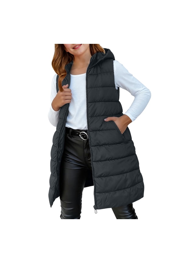Teen Girls Long Hooded Puffer Vest Quilted Lightweight Oversized Zip up Sleeveless Jackets Youth Kids down Coats