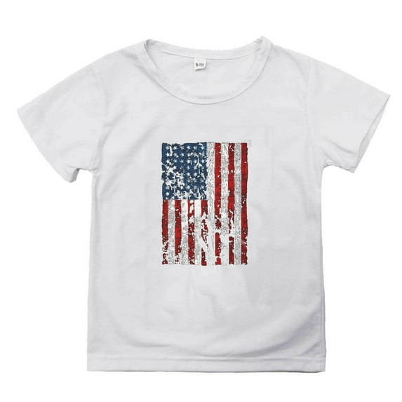 PINQI Kids Casual Loose Pullover Tops American Flag Print Short Sleeved T Shirt for Boys and Girls Summer Fashion Clothes 2-14 Years(White,9-10 Years)