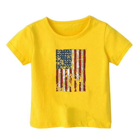 PINQI Kids Casual Loose Pullover Tops American Flag Print Short Sleeved T Shirt for Boys and Girls Summer Fashion Clothes 2-14 Years(Yellow,7-8 Years)