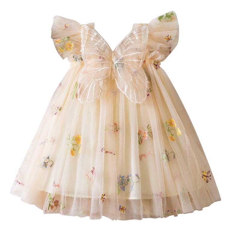 PINQI Toddler Baby Girl Ruffle Dresses Baby Princess Dresses Summer Butterfly Wing Dress Lace Casual Short Sleeve Sun-dress (Beige-A,6-12 Months)