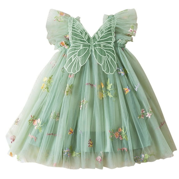PINQI Toddler Baby Girl Ruffle Dresses Baby Princess Dresses Summer Butterfly Wing Dress Lace Casual Short Sleeve Sun-dress (Green-A,1-2 Years)